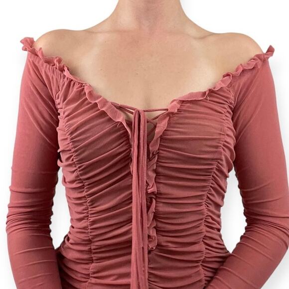 Majorelle Pink Off the Shoulder Long Sleeve Ruched Mini Dress - Picture 5 of 6